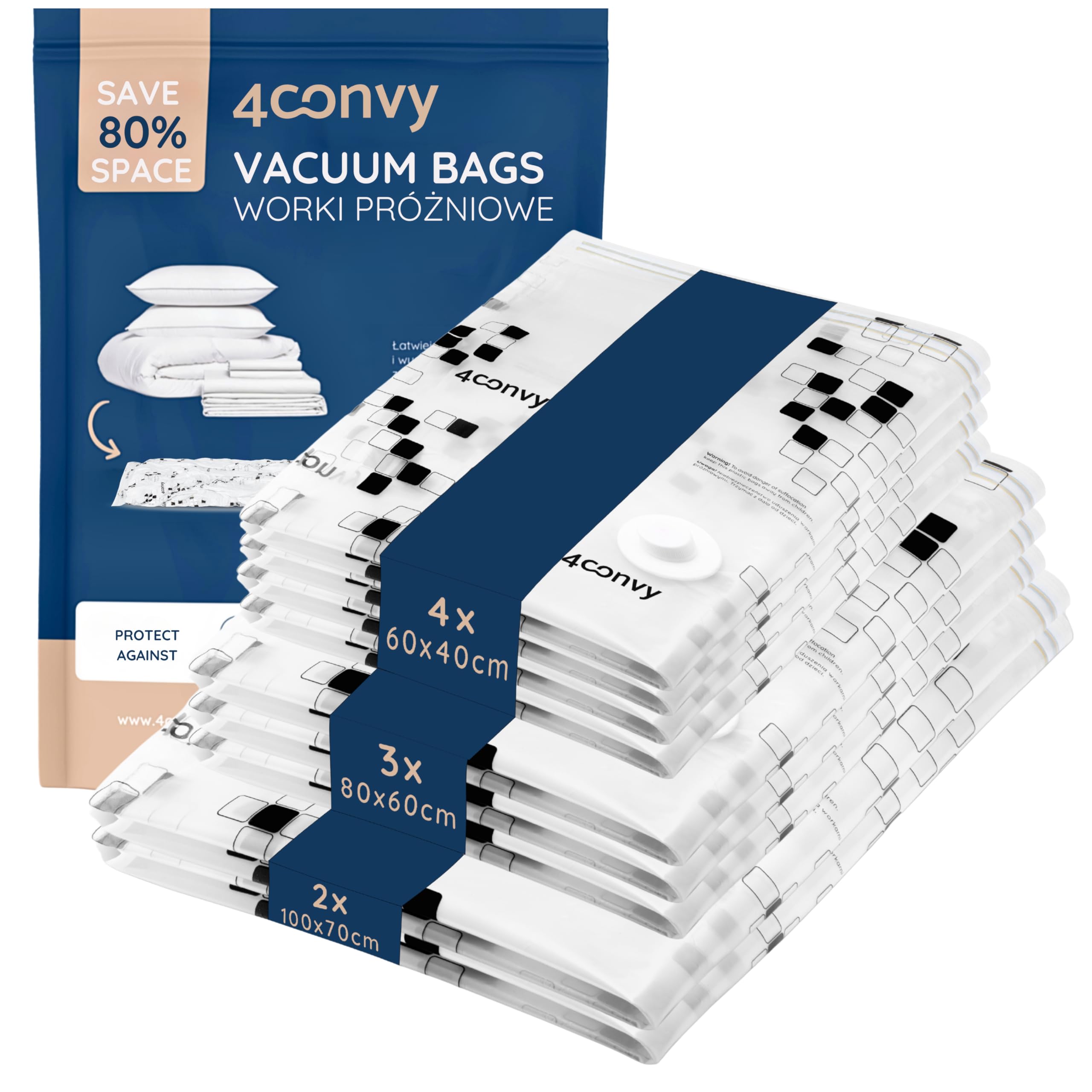 4CONVY Vacuum Storage Bags for Clothes, Comforters, and Bedding - Reusable Vacuum Bags - 9 Pieces Vacuum Storage Bags - Space-Saving Bags