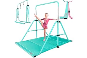 PreGymnastic Updated Folding Gymnastics Bar with Rings, Foldable Kip Bar with Sturdier Base, Gymnasitc Training Bar for Kids Ages 3-10, Gymnastic Horizontal Bars, Home Gym Equipment for Boys Girls