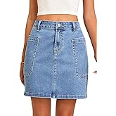 Sidefeel Women's Jean Skirt High Waisted Stretchy Casual Denim Above Knee Skirts with Patch Pockets
