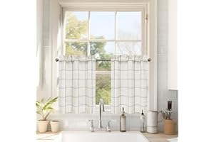 DriftAway Kitchen Curtains Striped Tier Linen Short Curtains Windowpane Plaid Cafe 24 Inch Length for Living Room Bathroom Chris Farmhouse Rustic Rod Pocket 2 Panels Black