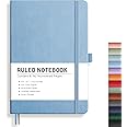 RETTACY Lined Journal Notebook, 192 Numbered Pages, A5 Medium Size (5.7'' x 8.3''), for Men & Women, Journaling, Writing, Work & Office, Leather Hardcover, 100 GSM Thick Paper (Light Blue)