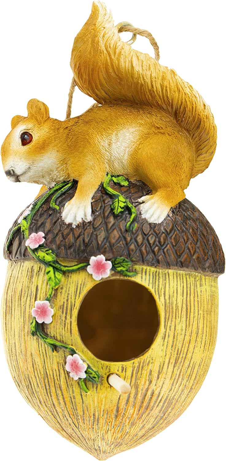 Hanging Decorative Resin Bird House | Hand Crafted Outdoor Home & Garden Décor for Wild Birds, Hummingbird, Cardinal, Finch, Bluebird | Squirrel : Garden & Outdoor