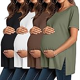 Baggyfly 4 Pack Maternity Shirts Split Side Cotton Pregnancy Tops Loose Fit Crewneck Short Sleeve Casual Maternity Clothes