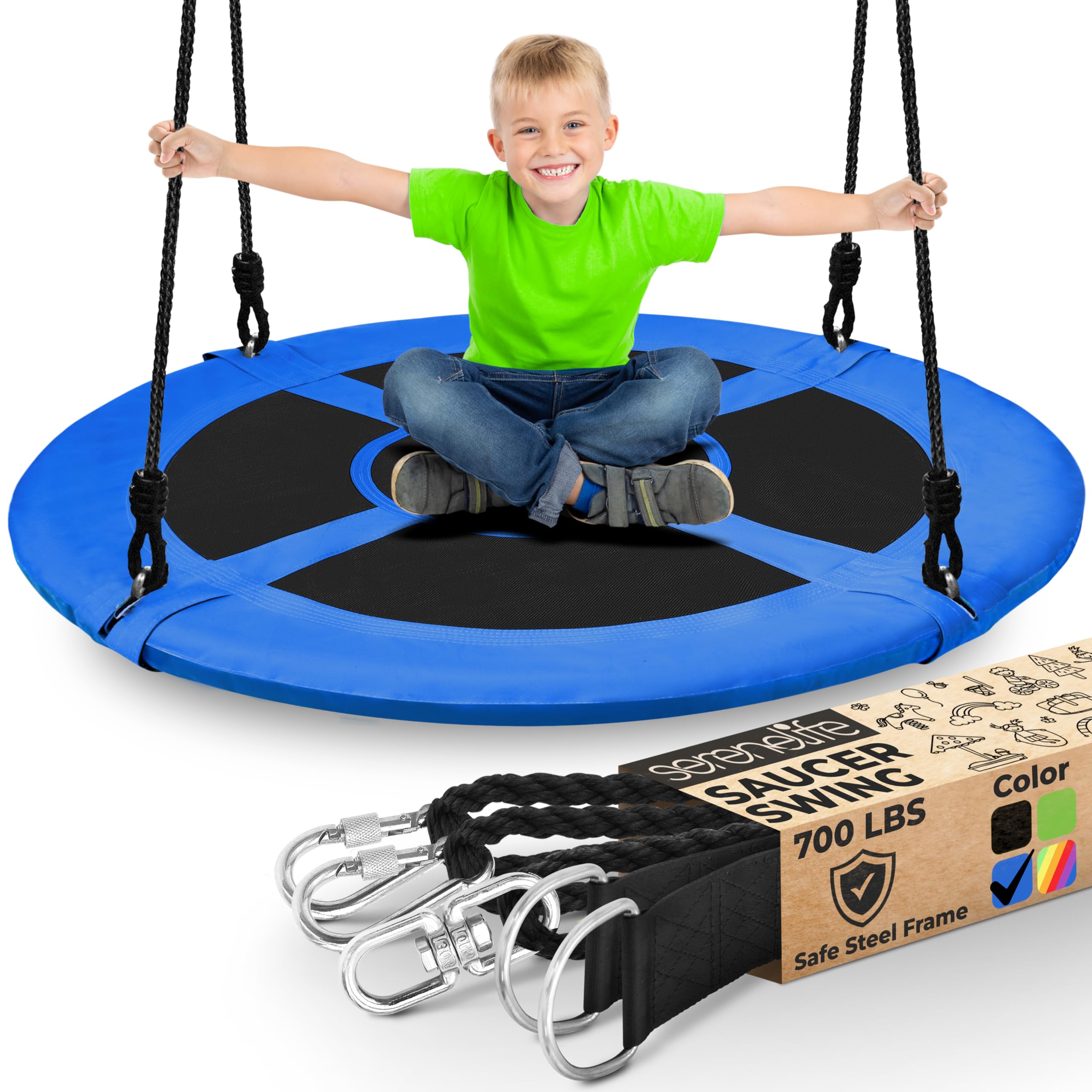 SereneLife Saucer Swing with Tree Hang Kit, 40” Outdoor Tree Swing, 2 Adjustable Hanging Rope Straps and Center Swivel Spinner for Kids (Blue) Image