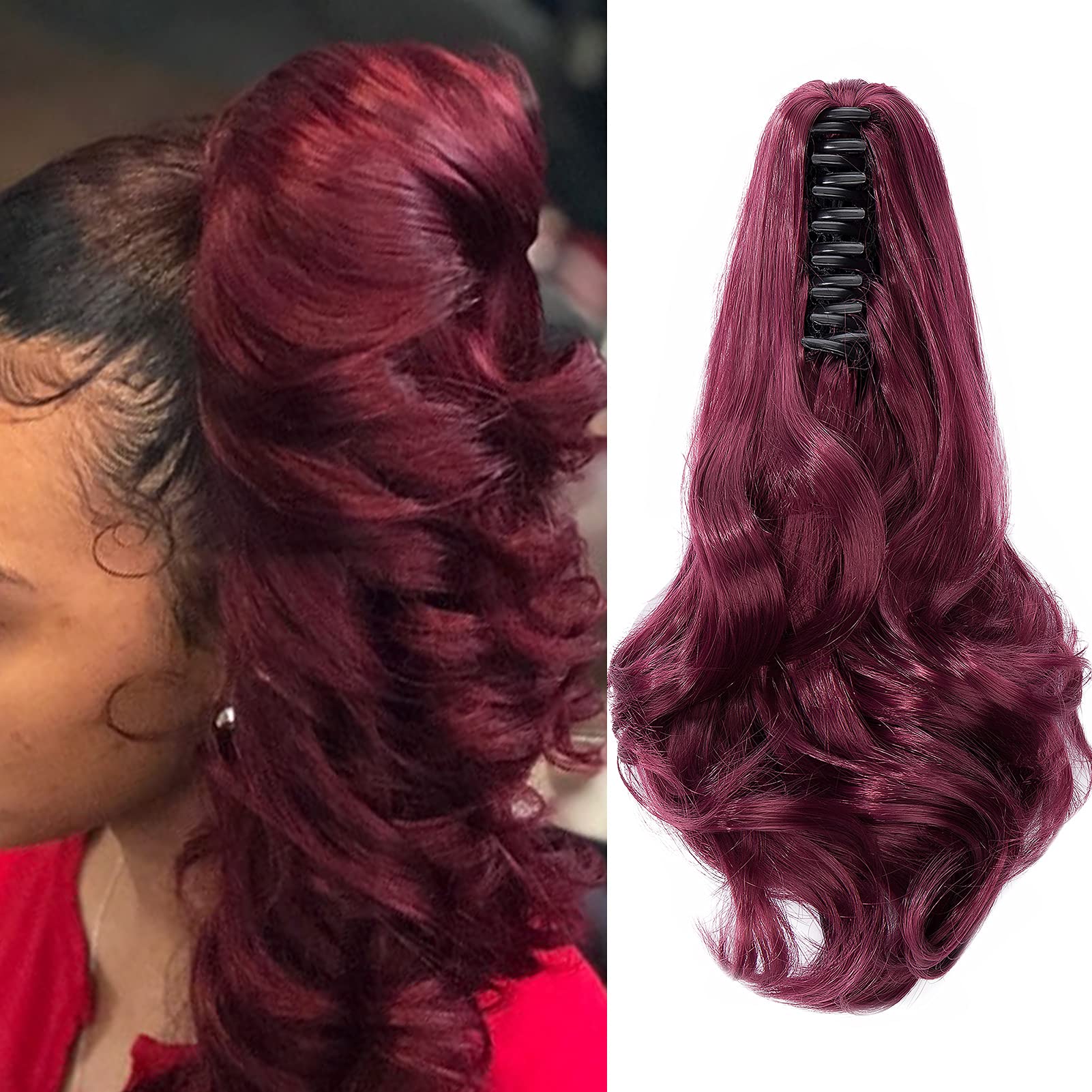 Cybelleza 12 inch Ponytail Hair Extension Curly Wavy Claw Jaw on Long Short Cute Pony Tails Clip in Hair Extensions Hairpieces Synthetic for Women (Wine Red) — image 1