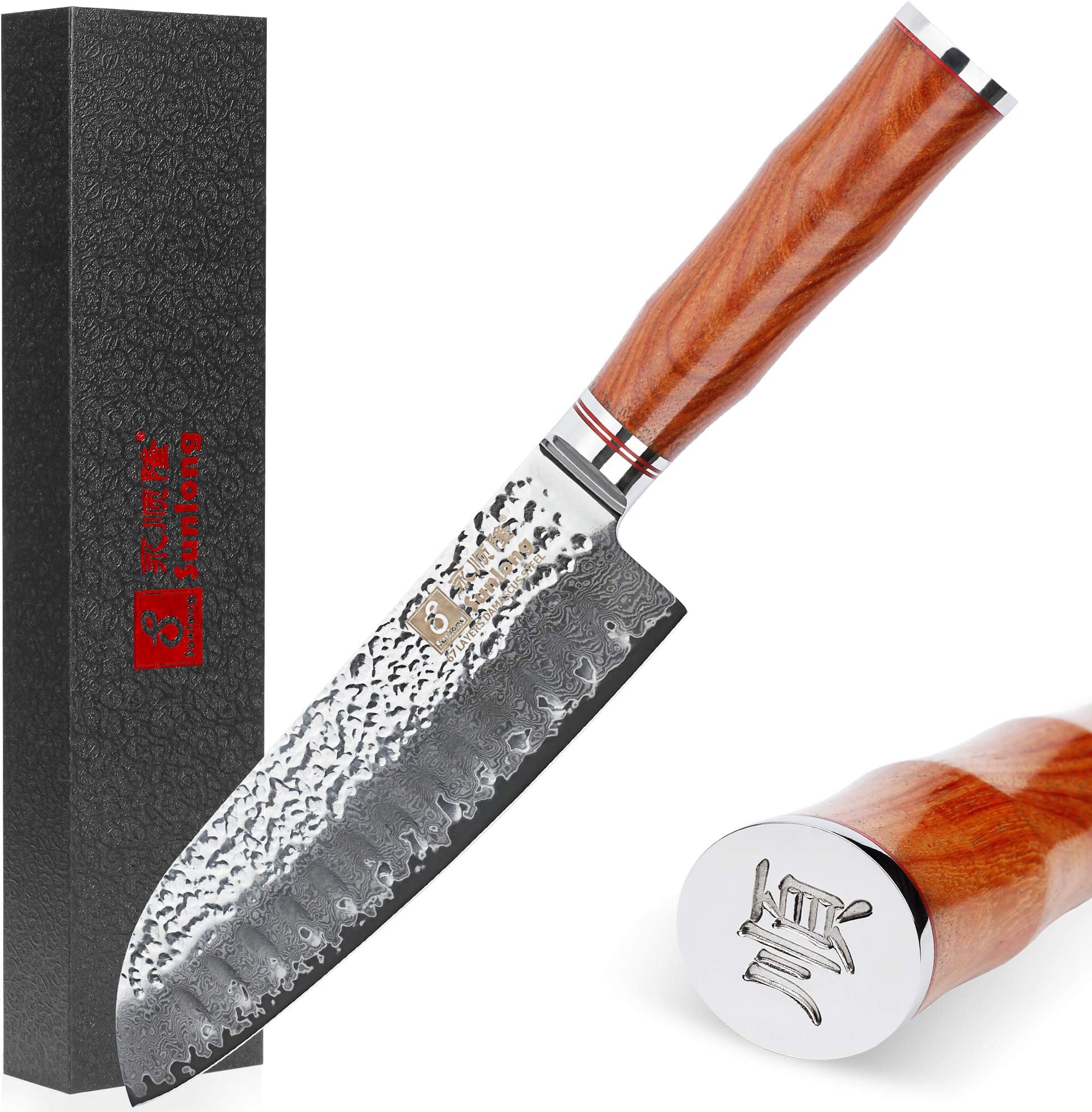 Sunlong Santoku Knives 7 inch Pro Chef Knife Japanese Hammered Damascus Steel Natural Bloodwood Handle