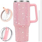 QDXMD 40 oz Tumbler with Handle and Flip Straw Lid, Insulated Leak Proof Double Walled Stainless Steel Rhinestone Diamond Studded Bling Travel Mug Tumblers, Maintains Cold Ice and Heat for Hours