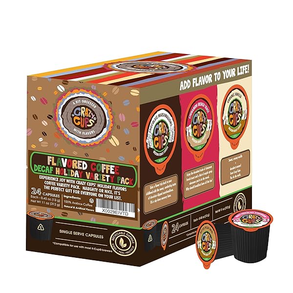 CRAZY CUPS FLAVORED DECAF COFFEE VARIETY PACK, HOT OR ICED COFFEE FOR KEURIG K CUPS MACHINES, DECAF VARIETY PACK COFFEE IN RECYCLABLE PODS, 24 COUNT (PACK OF 1)