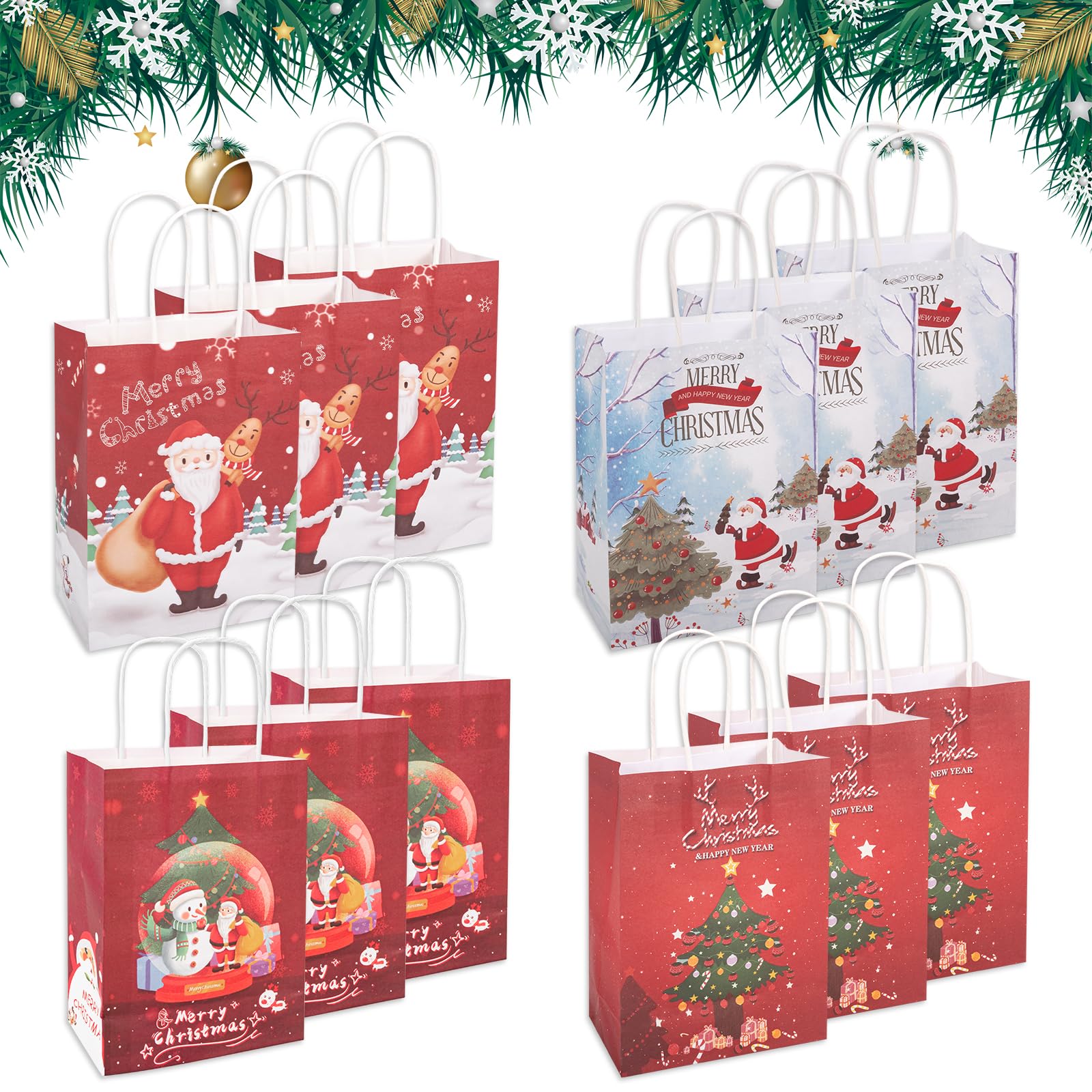 Christmas Kraft Paper Bags, SMALUCK 12 Pieces Xmas SMALL Assorted Paper Goodie Bags Bulk with handle for Christmas Party Favor Supplies 145x210x80mm (Red)