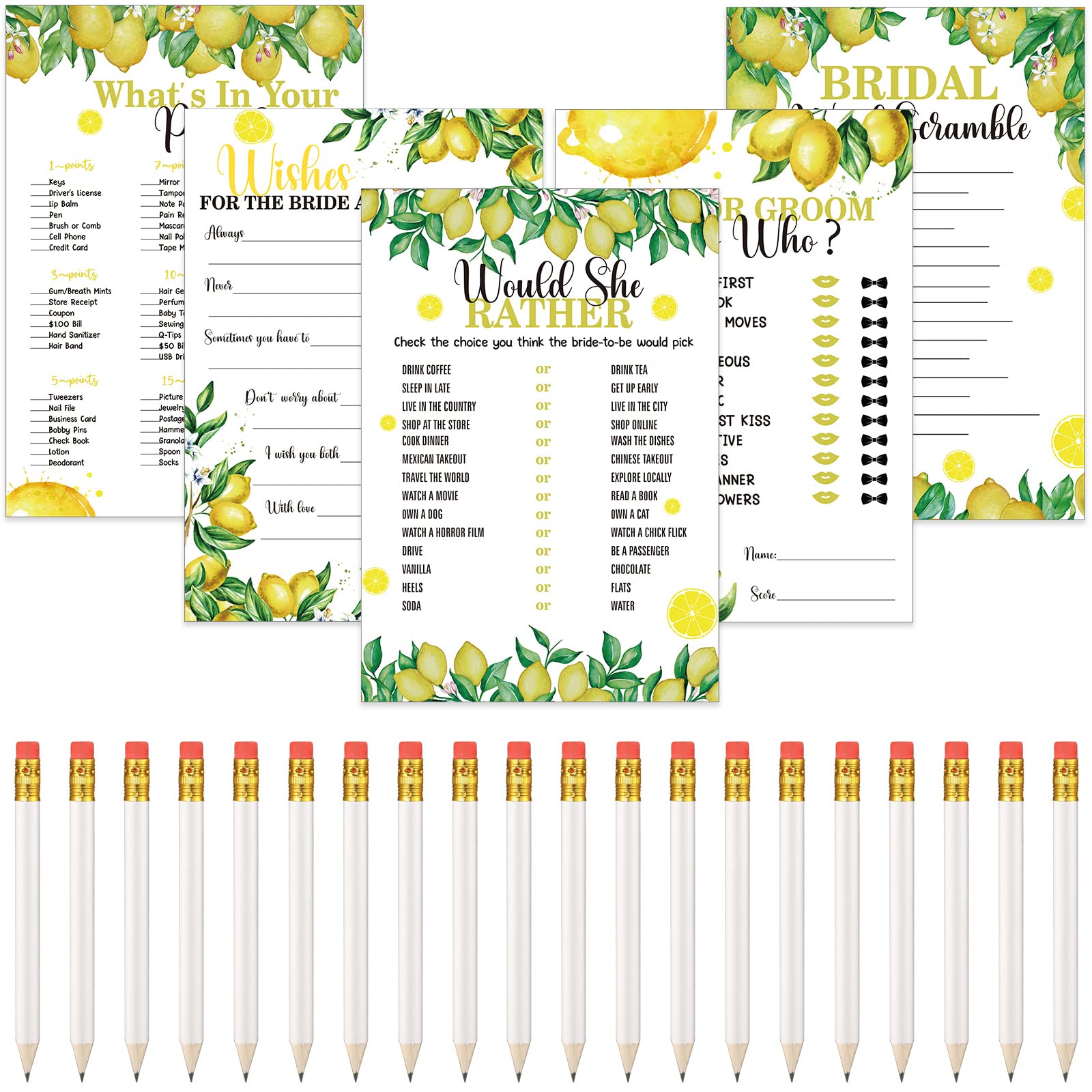 Photo 1 of Leinuosen 220 Pcs Lemon Bridal Shower Games Set Wedding Shower Game Supplies Include Bridal Games Cards and Pencils for Bachelorette Engagement Party Decorations Favors