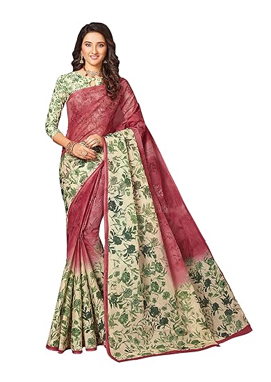 Womens Pure Cotton Printed Saree with Blouse Piece (SKR5623_Pink-Off-White)