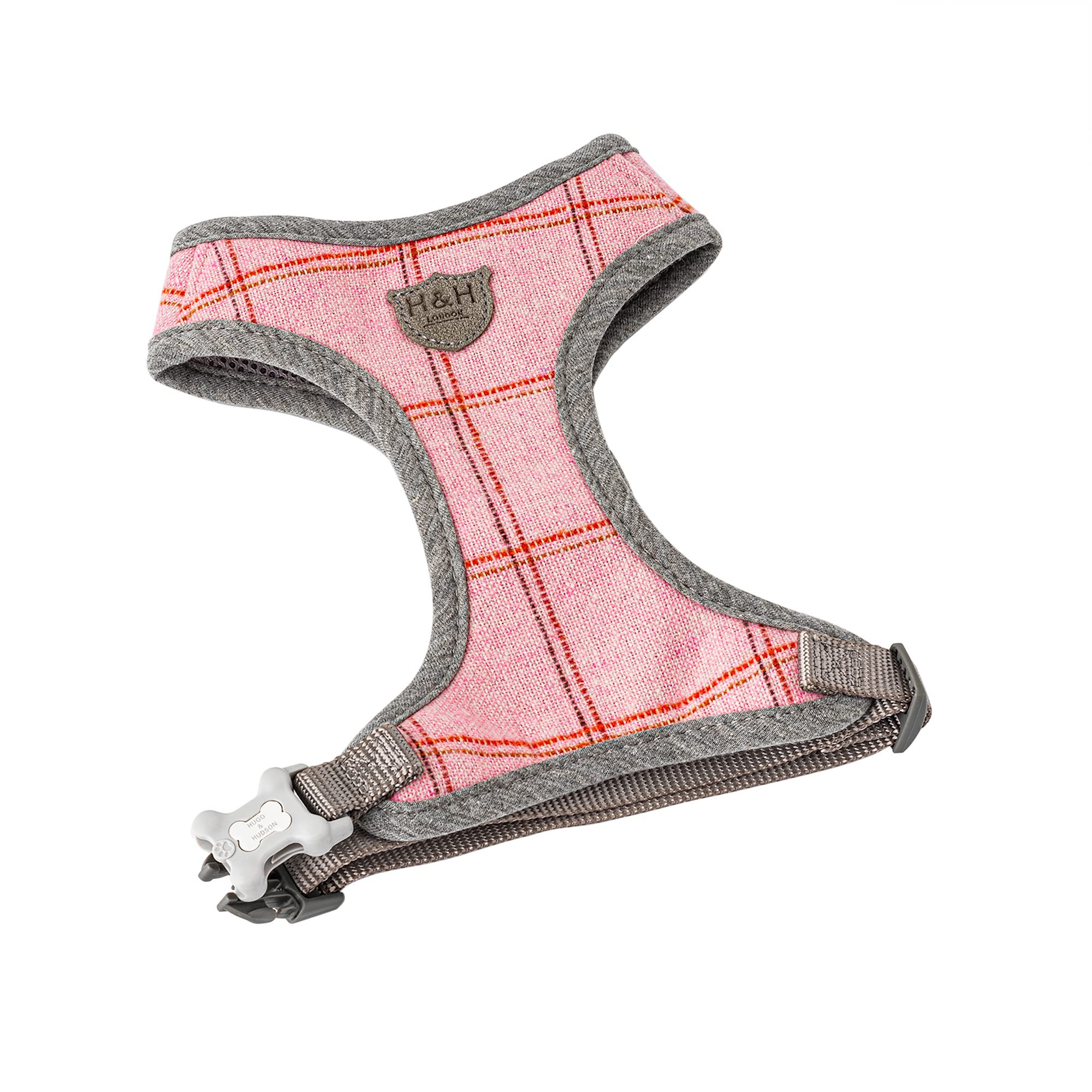 HUGO & HUDSON Tweed Dog Harness No Pull Adjustable Rear Buckle Vest, Pink Checked, XS