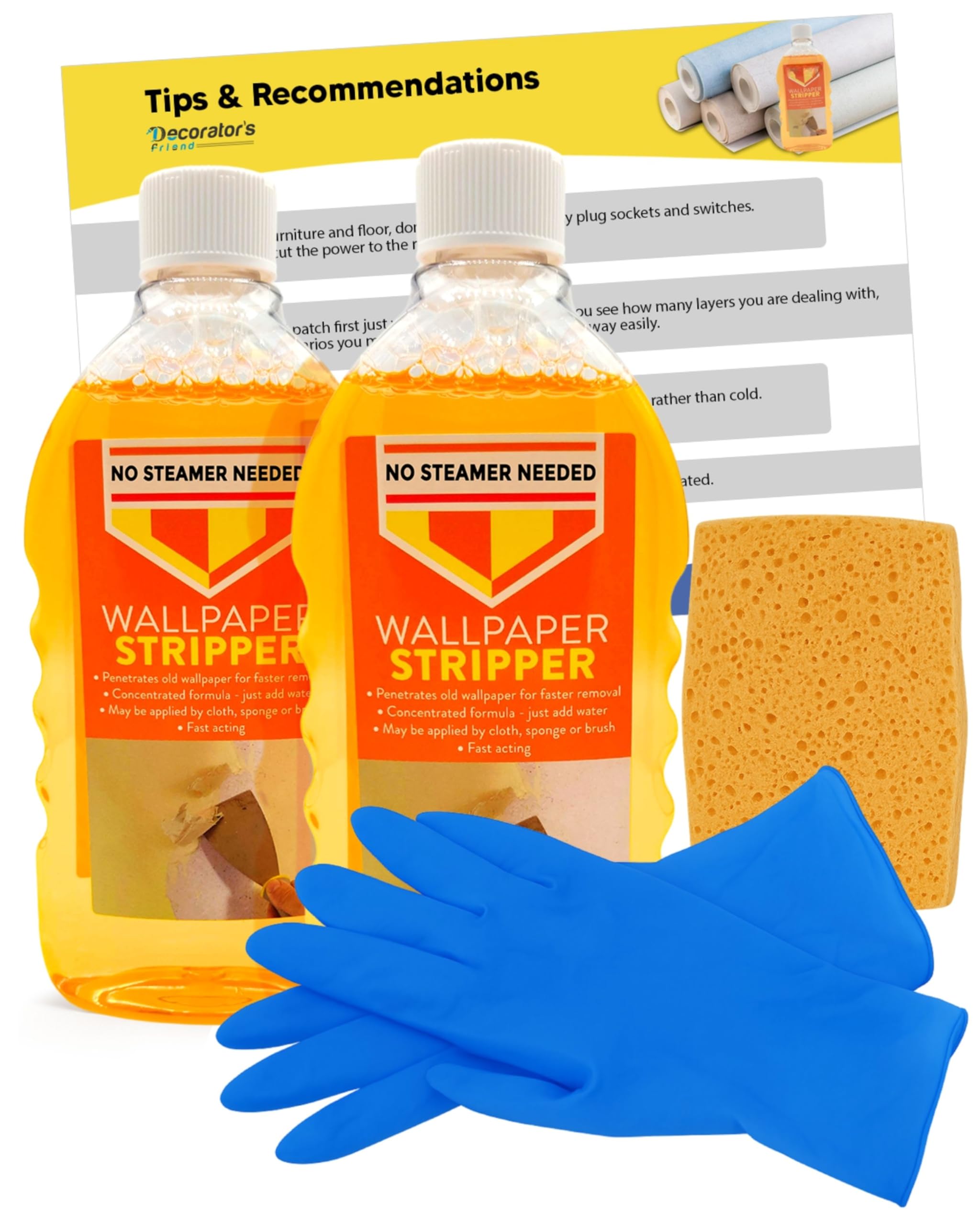 Wallpaper Stripper Bundle for Fast Removal - 2 x Stripping Liquid Bundled with Sponge and Latex Free Gloves - Wallpaper Remover Kit - by Decorator's Friend