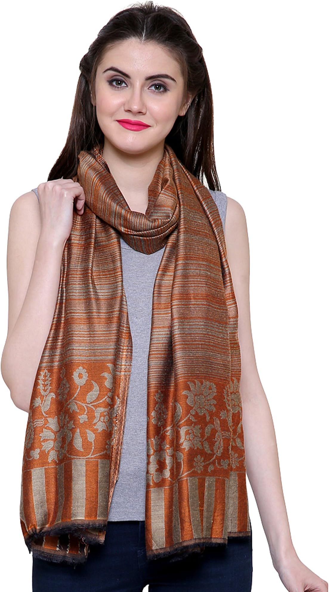 Fayon Chic Orange Jacquard Floral Design Cashmere Pashmina Shawl, Scarves, Stoles, Wraps 80"X28" For Women & Girls