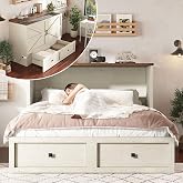 AMERLIFE Queen Murphy Bed with Storage &amp; Charging Station | Distressed White Wood Murphy Cabinet, Farmhouse Foldable Platform Bed, Large Drawer, Noisy Free, Guest Bedroom &amp; Living Room