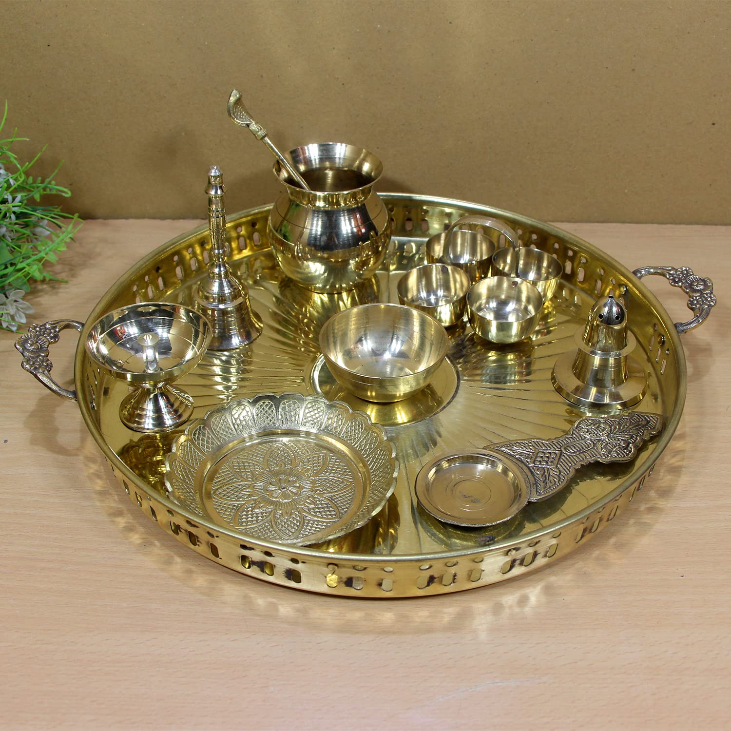 Brass Puja Thali Handle,multi-purpose use for Home Puja Office Restaurant Kitchen Weddings Parties Gift size-12 in