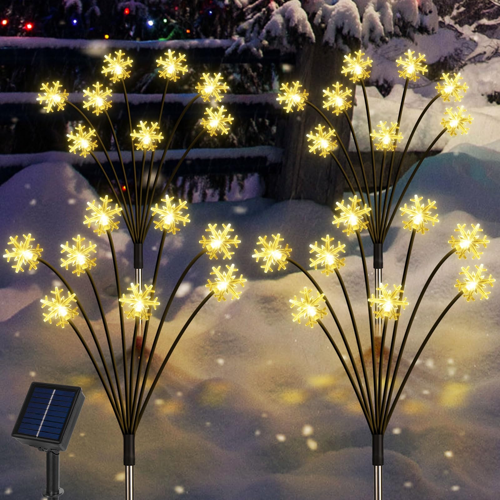 Photo 1 of Newhale Set of 4 Snowflake Solar Christmas Decorations, 8 Modes Swaying Garden Lights, Outdoor Pathway Solar Christmas Stake Lights, Upgraded Base on Firefly Light for Lawn Decor (Warm White)