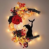 2025 Halloween Wreaths for Front Door Black Cat Halloween Door Wreath White Rose Moon Cat Grapevine Wreath Horror Deocrations Black Wreaths for Home Indoor Outdoor Window Wall Party Decor (Fall)