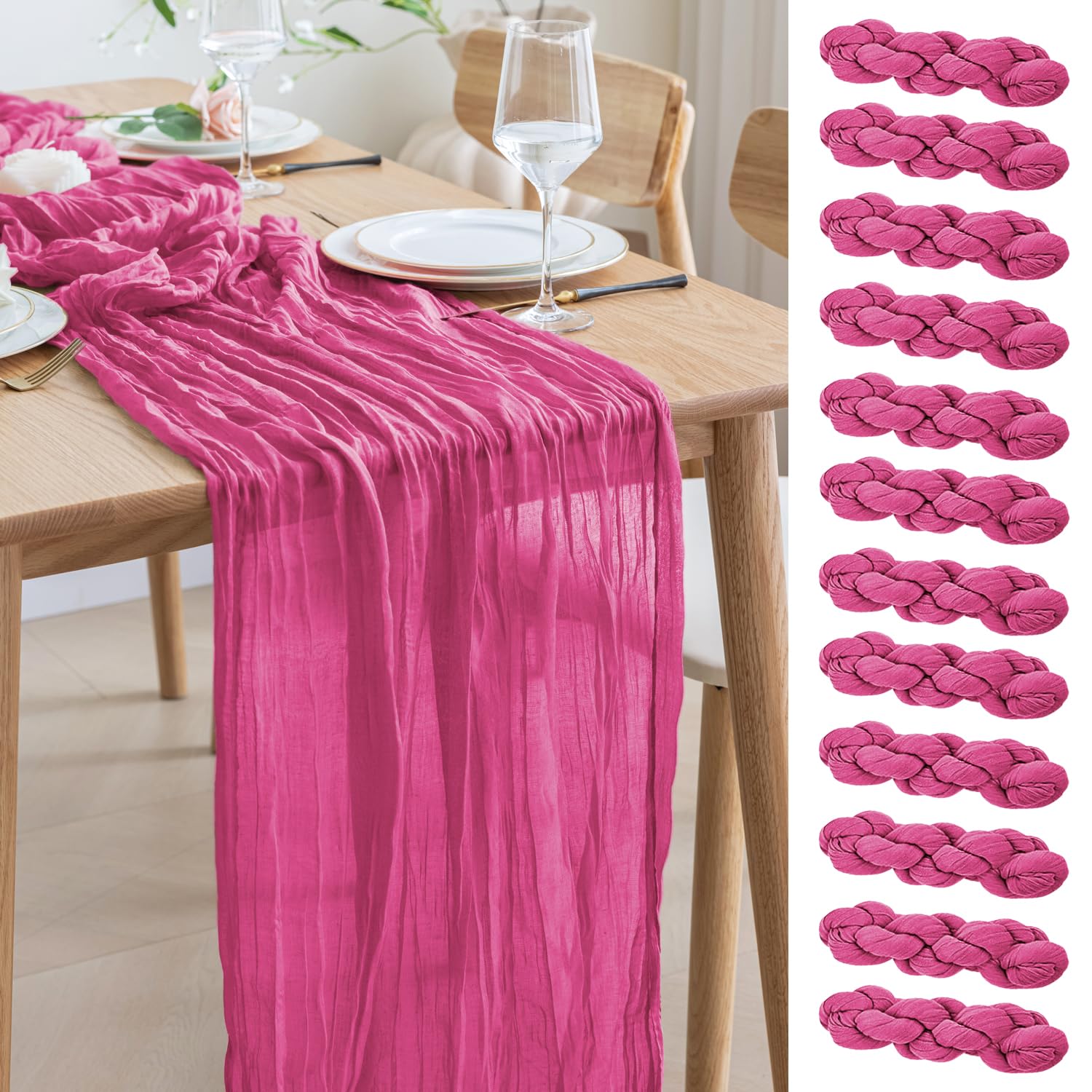 Asee'm 12pcs Cheesecloth Table Runner 120 Inches Long Deep Pink Boho Gauze Cheese Cloth Runner 10FT Rustic Sheer Table Runners for Christmas Wedding Party Baby Shower Spring Easter Decoration Image