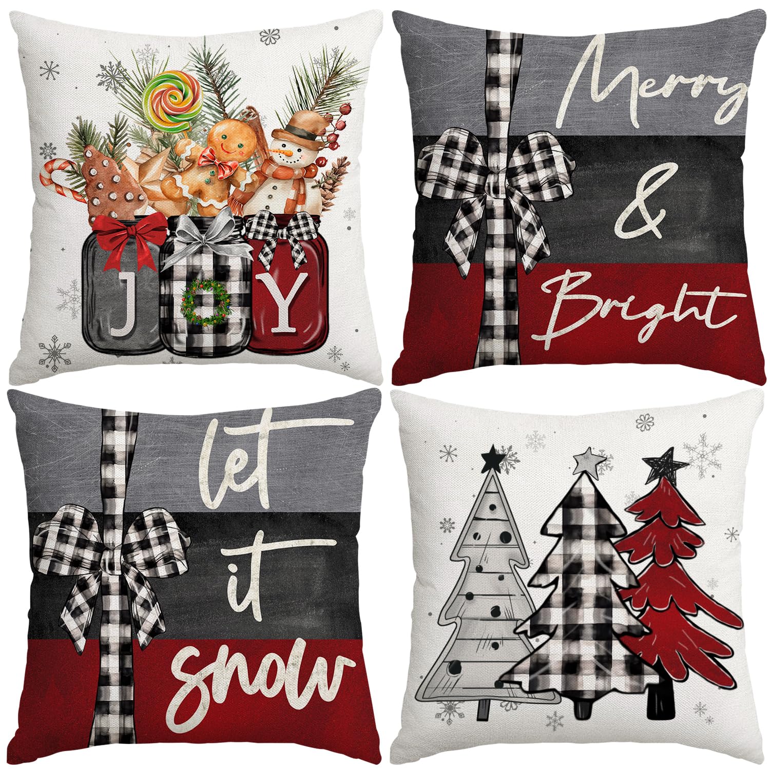 Miaikoe 50x50 cm Christmas Cushion Covers Merry Christmas Joy Xmas Trees Red and Black Decorative Winter Holiday Cushion Case Decoration for Coach Sofa Set of 4