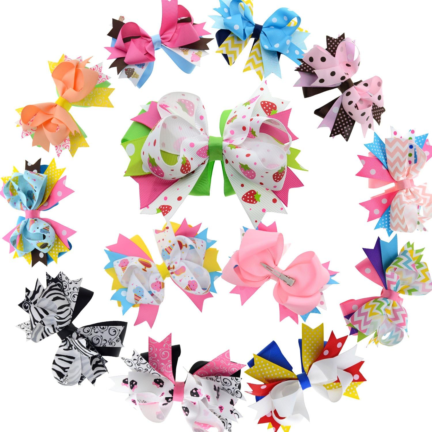 LCLHB Big Layered Fabric Ribbon Bows Alligator Hair Clip for Girls Women 12 Pack