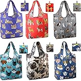 BeeGreen Cute Dog Cloth Gift Bags - Reusable Grocery Bag with Handles Foldable Washable 6 Pack - Extra Large Heavy Duty Tote Bag for Groceries (Bulk Holiday Packable Travel) - Shopping Bags for Women