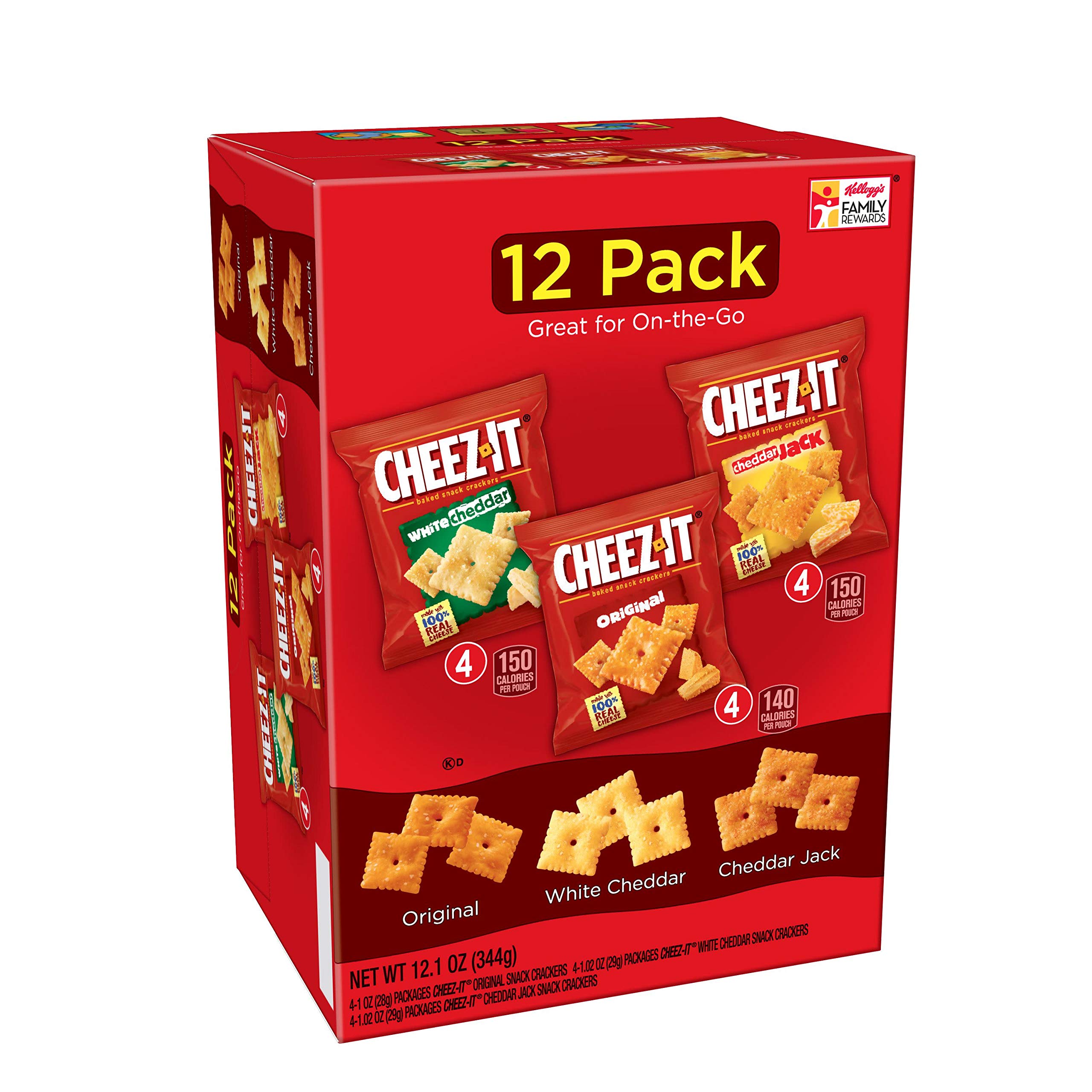 Cheez-It Baked Snack Cheese Crackers, Variety Pack, Original, White Cheddar, Cheddar Jack, 1.02 oz Bags (12 Count)