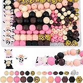181pcs Highland Cow Silicone Beads, 9mm & 15mm Mixed Colors Focal Bead Cow Rubber Beads, Lentil, Hexagonal, Print Matte/Frosted Bead for Keychain Making, Bracelet Necklace DIY