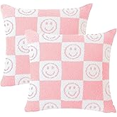 Brnabiou Ultra Soft Cozy Happy Smiling Face Checkered Knitted Throw Pillow Cover Fluffy Microfiber pillocase Decorative for Sofa Bed 18 Inches Both Sides (Pink)