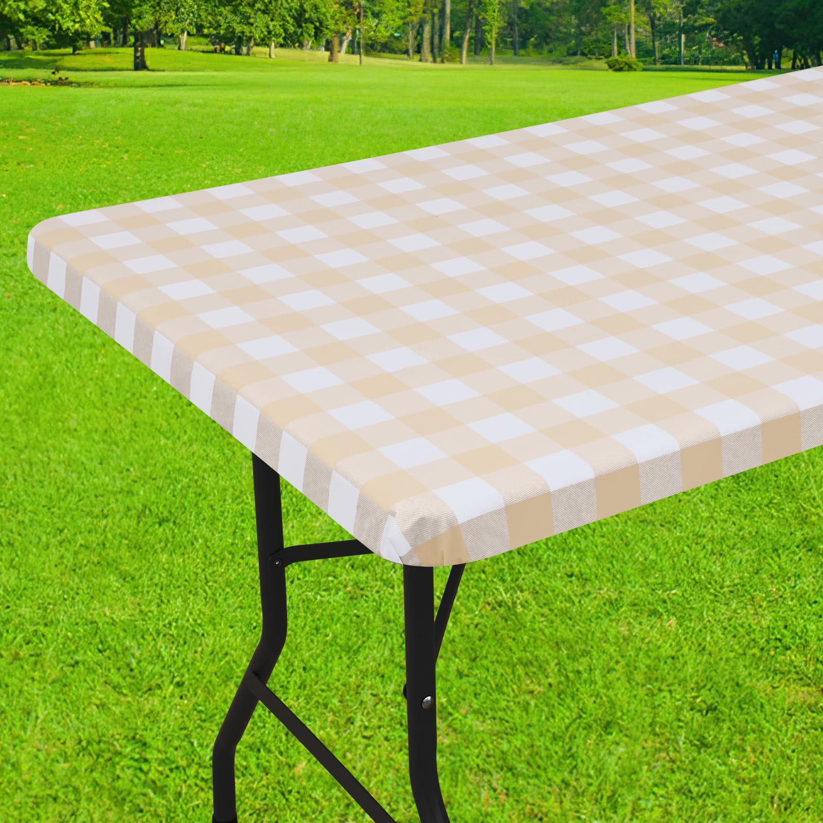Smiry Rectangle Picnic Table Cloth, Elastic Waterproof Fitted Vinyl Tablecloths, Flannel Backed Buffalo Plaid Table Covers for Dining, Camping, Outdoor (White and Beige, 30" x 96") Image