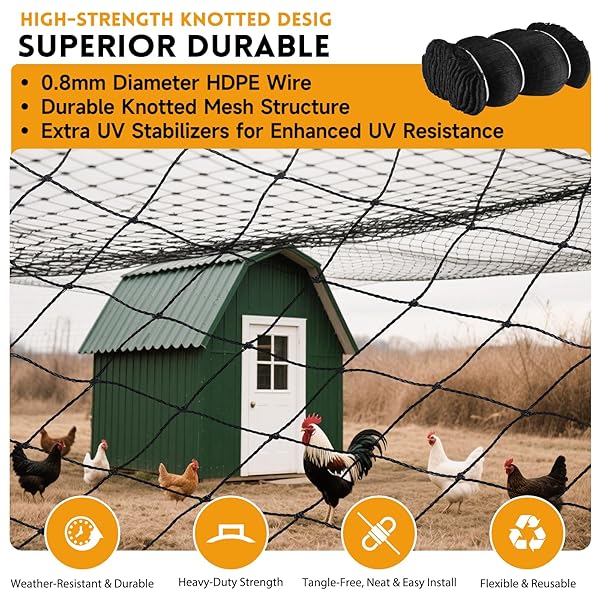 HEAVY DUTY AVIARY NETTING 25X50 FT, 1″ MESH REINFORCED HDPE POULTRY NETTING, ANTI-TANGLE BIRD NETTING FOR CHICKEN COOP, HAWK DETERRENT FOR CHICKENS, GARDEN & CROP PROTECTION