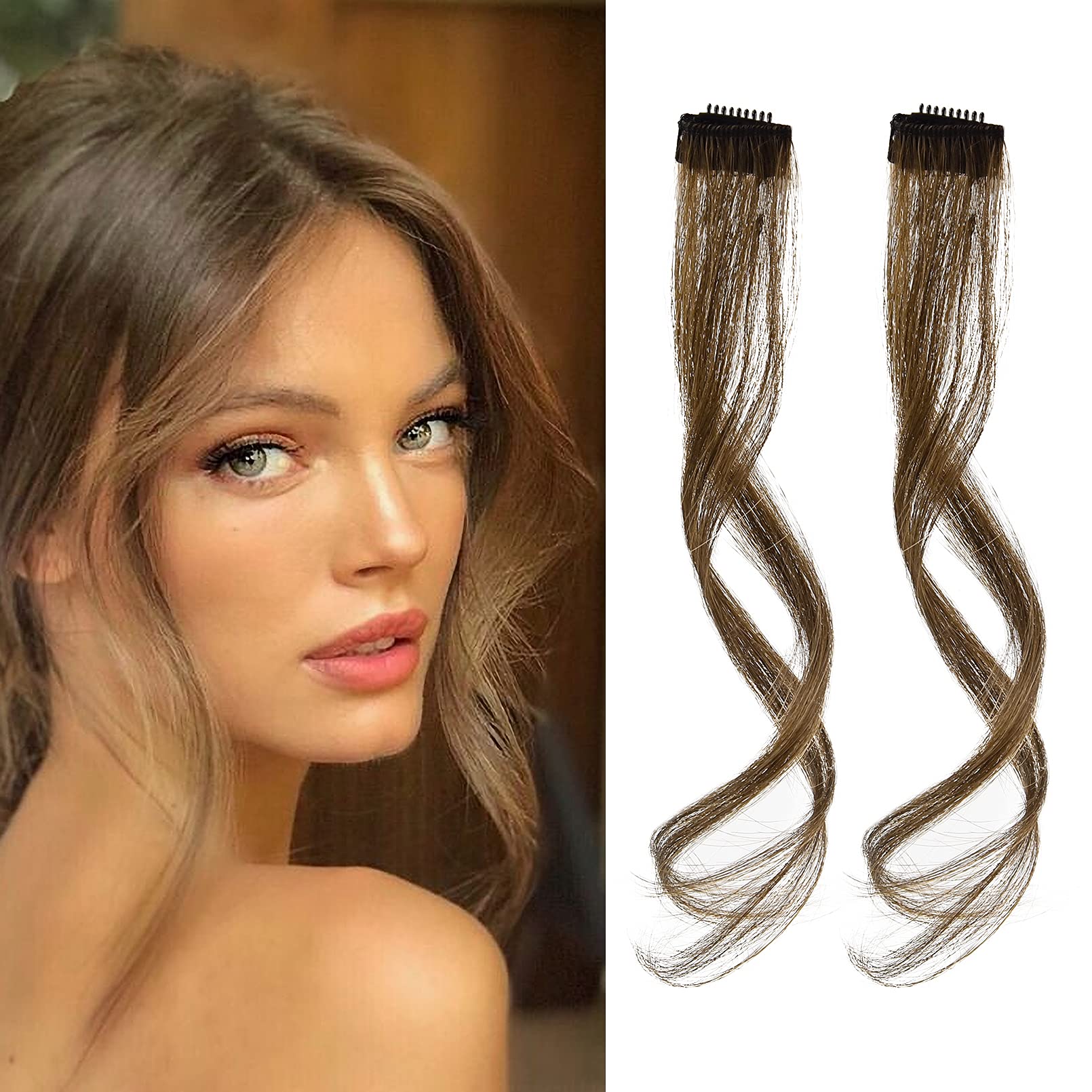 REECHO Long Side Air Bangs, Wavy Curly Clip in Curtain Bangs Front Side Bangs Face-Framing Highlights for Women Daily Use 2 PCS Set Long Temples - Dark Ash Blonde — image 1