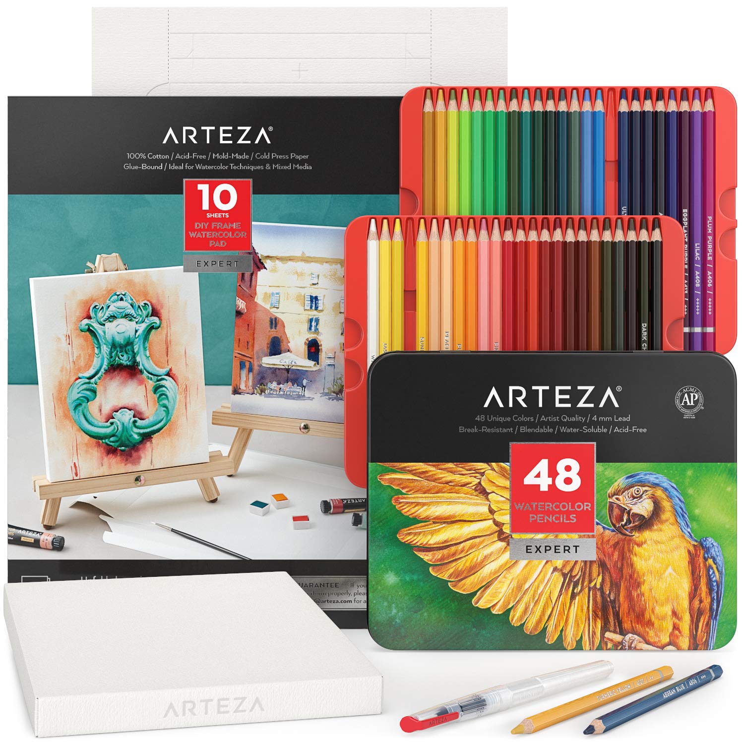 ARTEZA Watercolour Drawing Art Set with 48 Watercolour Pencils and 11x14 inches Foldable Watercolour Pad, Art Supplies for Beginners & Experts