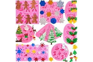 COUUWICK Christmas Silicone Fondant Candy Soap Cake Molds - Snowflake, Tree, Reindeer, Holly Leaves - Baking Molds for Christmas and New Year Party Cupcake Decor, 8 Pieces