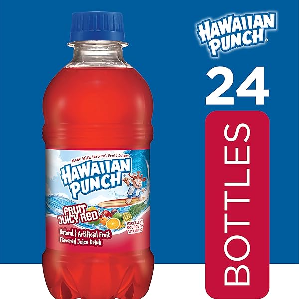 HAWAIIAN PUNCH FRUIT JUICY RED FRUIT JUICE DRINK, 10 FL OZ BOTTLES, 24 COUNT (4 PACKS OF 6), READY-TO-DRINK, ON-THE-GO, CAFFEINE-FREE, CARBONATION-FREE, GLUTEN-FREE, EXCELLENT SOURCE OF VITAMIN C