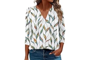 MRMAERE 3/4 Length Sleeve Womens Tops Summer Fall V Neck Floral Print T Shirts Blouses Dressy Casual 3 Quarter Sleeve Tunics
