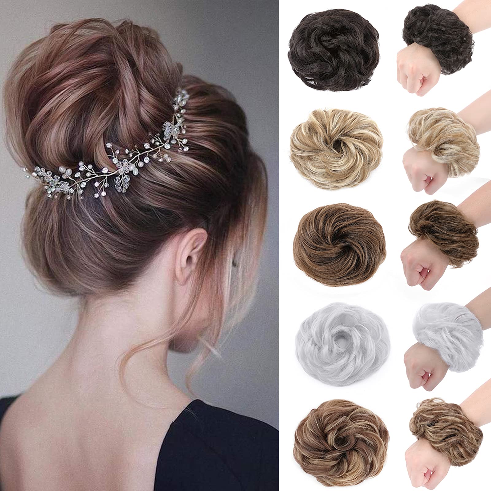 Silk-co Thick Synthetic Hair Bun Extensions Hairpiece Messy Hair Scrunchies for Women Updo ponytail Extensions - Medium Brown to Coffee Brown Hairpiece 45g