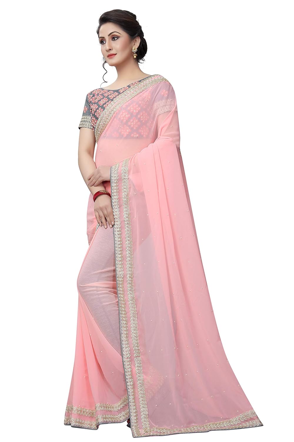 sretan women's georgette embroidered saree with embroidered blouse piece