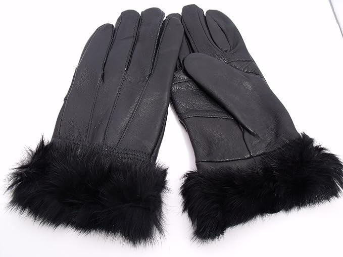 Ladies New Soft Black Leather Gloves With Fur Trim Amazon.co.uk Clothing