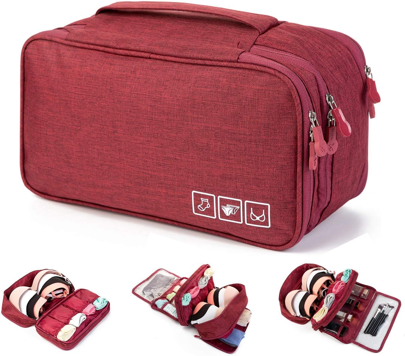 SoloTravel Women's Portable Double Layer Bra Underwear Lingerie Cosmetic Organizer Case/Travel Bag (Maroon)