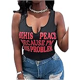 SHENHE Women's Letter Graphic Crop Tank Top Sleeveless Notched Neck Casual Summer Jersey Shirt