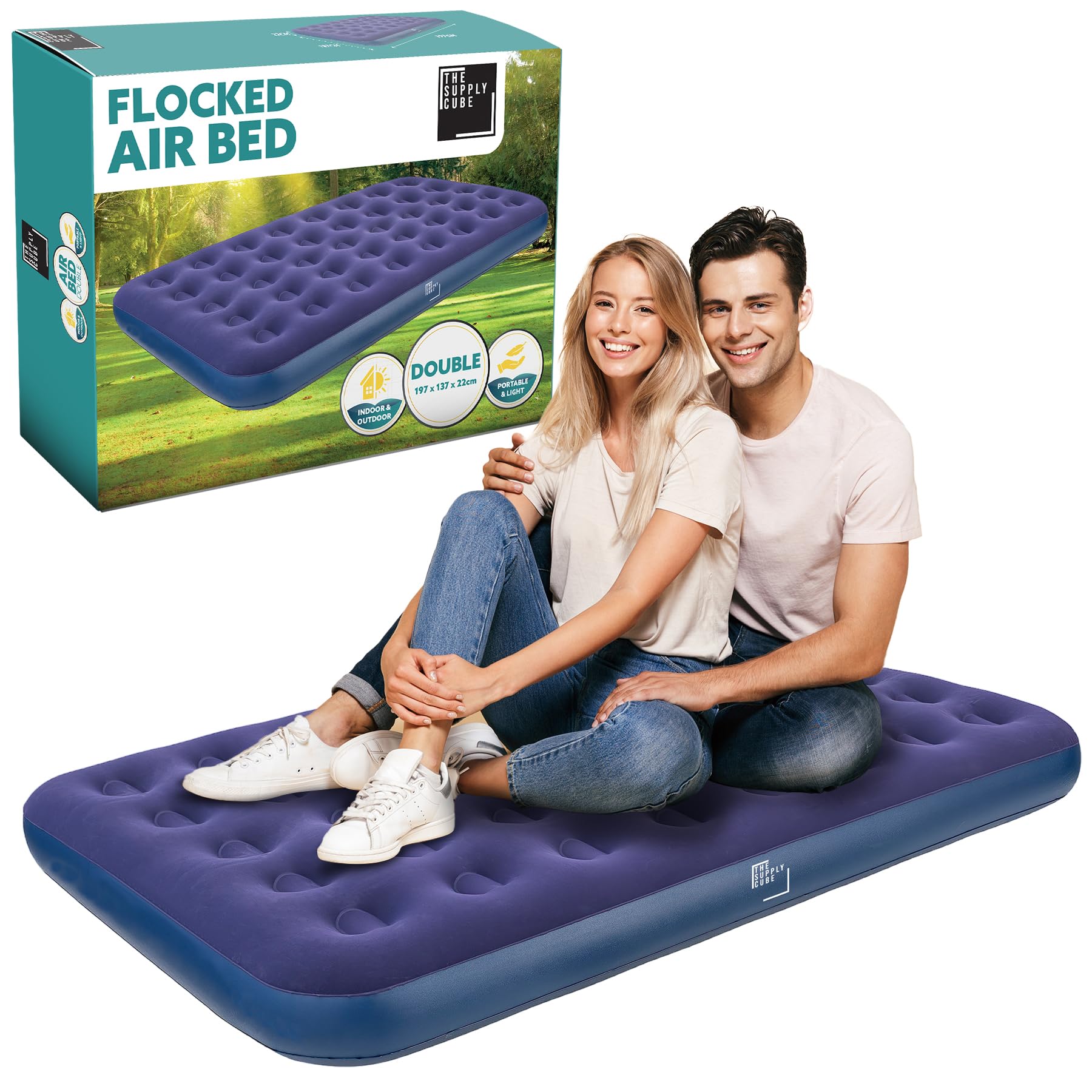Supply Cube Double Air Bed – Waterproof & Durable Inflatable Mattress for All-Night Comfort – Versatile Camping Bed & Air Mattress for Home or Outdoors - Double Airbed