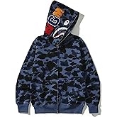 RICK TOP ONE Unisex Camouflage Hoodie with Shark Embroidery, Full Zip, Lightweight Couple sweatshirts heavyweight hoodie