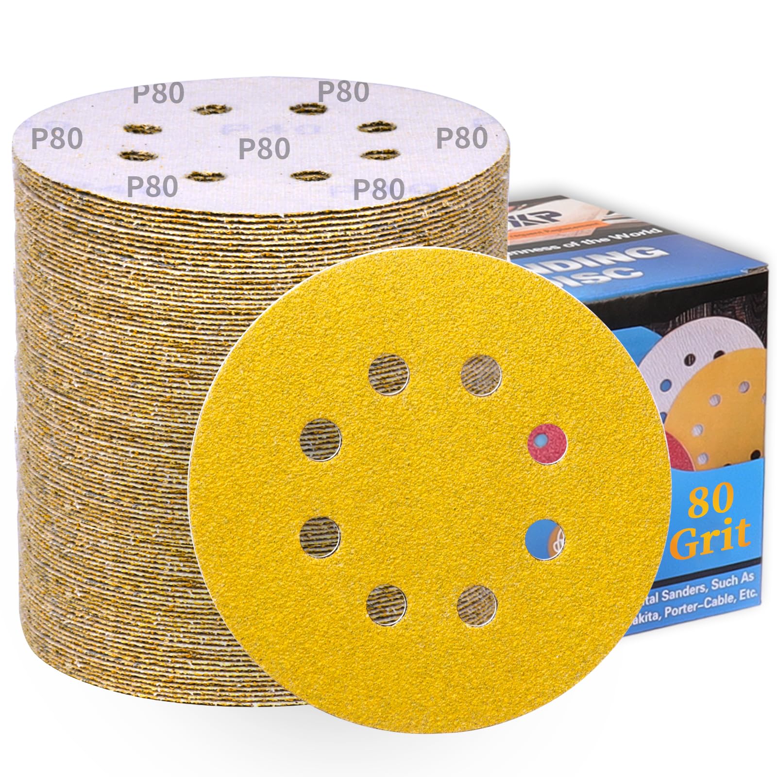 100Pcs 125mm Sanding Discs 80 Grit 8-Holes Hook and Loop Sanding Pads for Random Orbital Sander Sandpaper Sheet-ALPXUXP