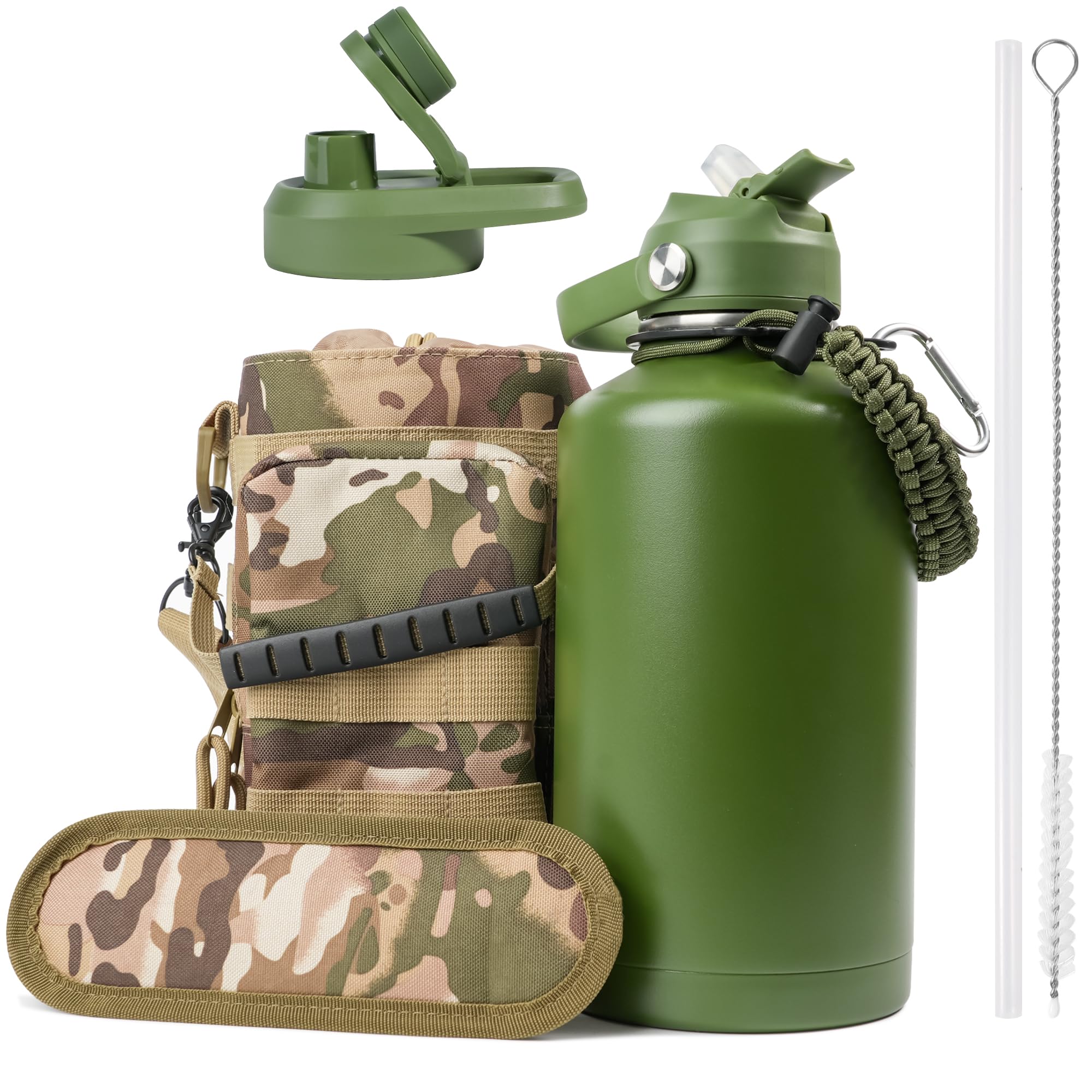 Kalawen Stainless Steel Sports Water Bottle - 1.89 Litre Large Water Bottle- Portable Oxford Cloth Storage Bag with Carrying Strap and Leak-Proof Screw Cap for Sports, Camping, Gym, Canteen