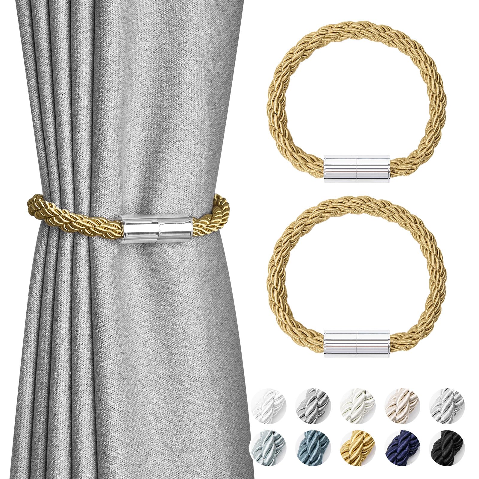 Pretty Jolly 2 Pack Mini Magnetic Curtain Tiebacks Modern Simple Style Drape Tie Backs Elegant Decorative Weave Rope Curtain Holdbacks for Home & Office Thin Window Draperies (Gold)