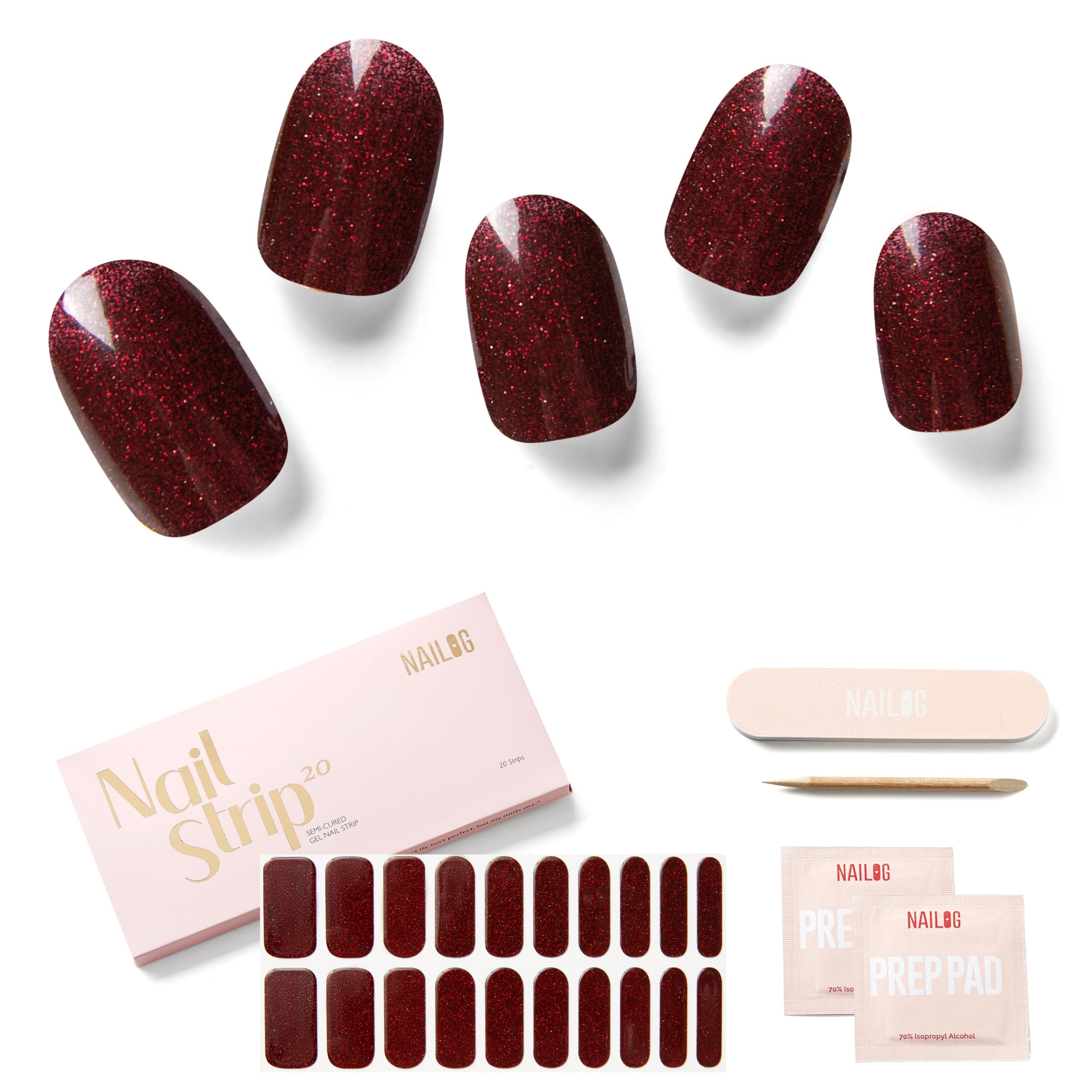 NAILOG Semi Cured Gel Nail Strips (20 Extra Long Stickers) | Glossy & Long Lasting Soft Gel Finish Wrap| Red Carpet — image 1