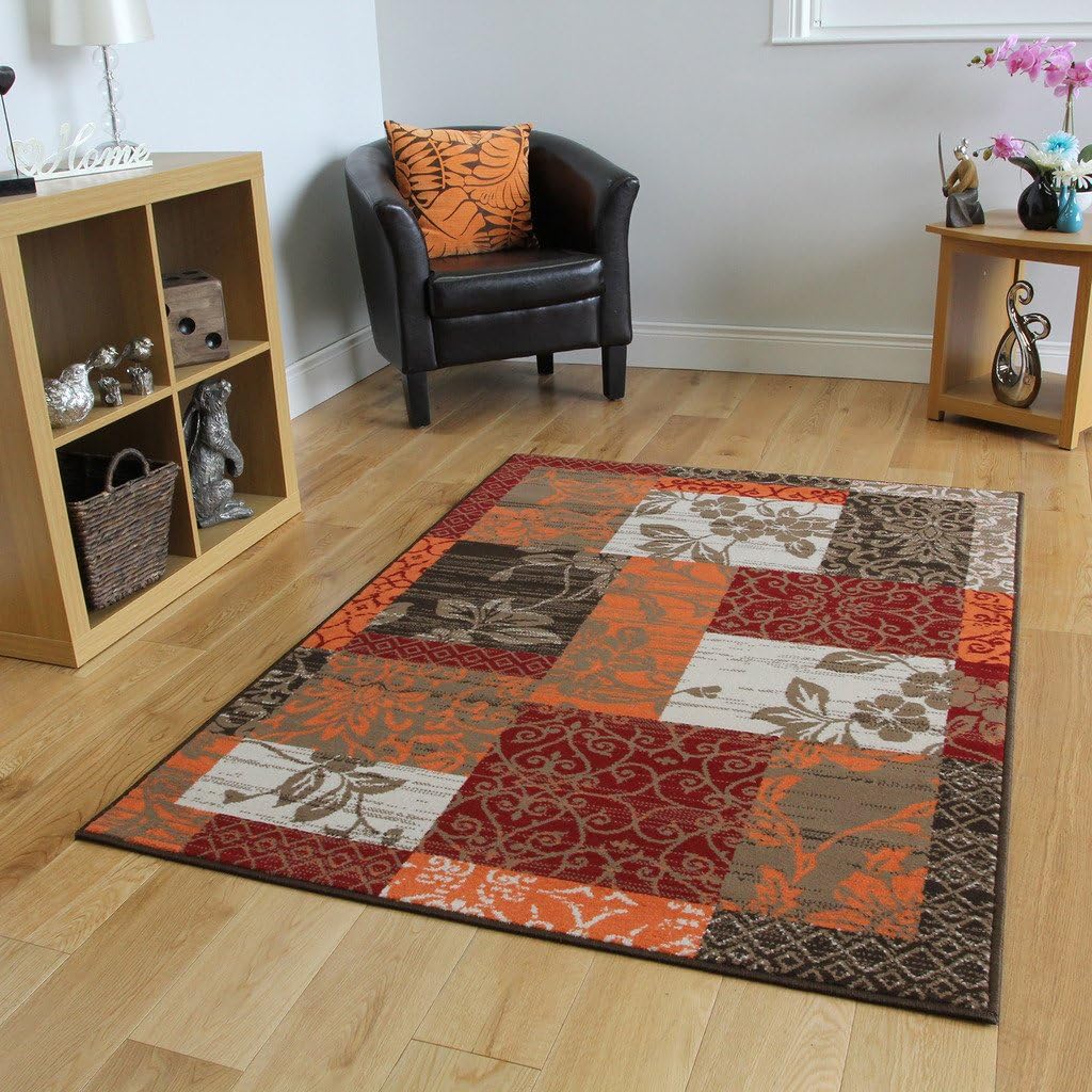 Milan Brown, Red, Orange, Beige & Cream Patchwork Rug 1568-S22-10 Sizes, Multicolor, 120 cm x 170 cm (4' x 5'6")
