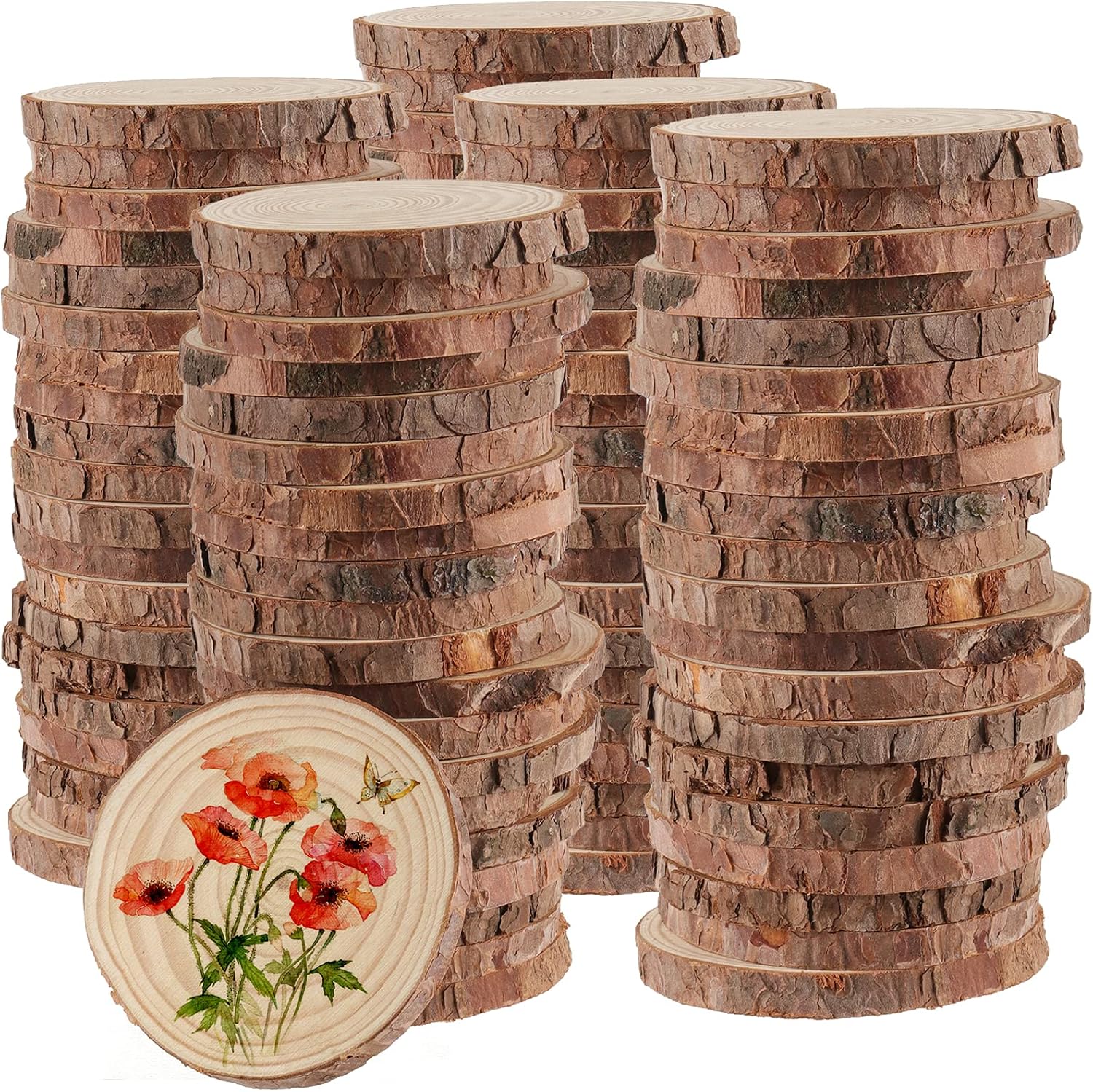 HAKZEON 100 PCS 2.8-3.2 Inches Natural Wood Slices, 2/5 Inches Thick Wood Rounds with Bark, Unfinished Wooden Discs for Crafts Rustic Wedding Ornaments, DIY Arts Christmas Home Decor