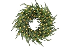 ENVEN 24" Prelit Christmas Wreath for Front Door, with 50LED Real Touch Norfolk Pine Wreath Artificial Green Wreath Greenery Realistic Wreath Holiday Decoration for Home Decor